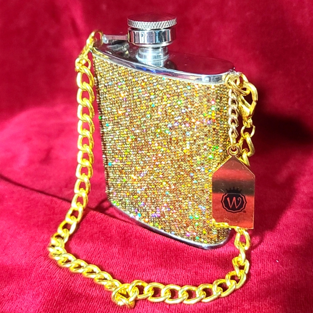 Glamorous gold glitter, flask wristlet, stainless steel, removable chain,NWT NIB